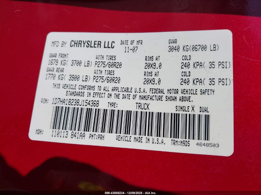 2008 Dodge Ram 1500 Slt VIN: 1D7HA18238J154368 Lot: 43888234