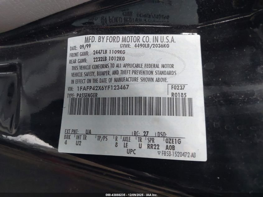 2000 Ford Mustang Gt VIN: 1FAFP42X6YF123467 Lot: 43888235