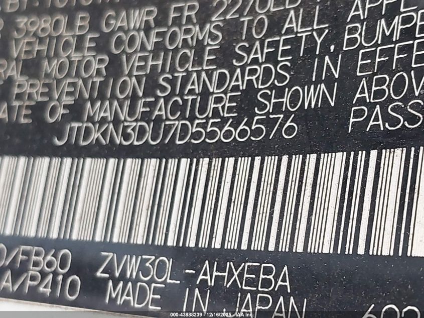 2013 Toyota Prius Two VIN: JTDKN3DU7D5566576 Lot: 43888239