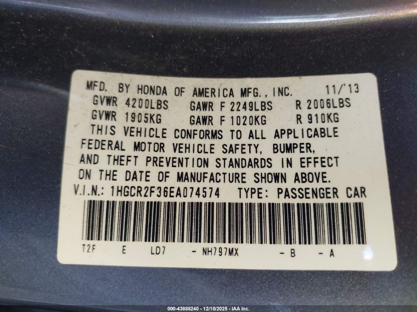 2014 Honda Accord Lx VIN: 1HGCR2F36EA074574 Lot: 43888240