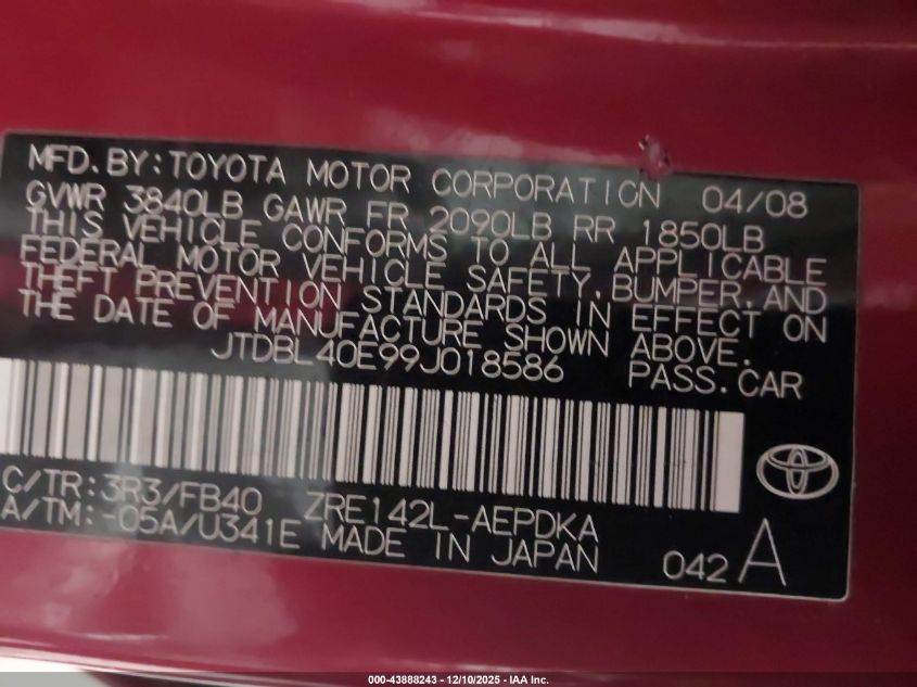 2009 Toyota Corolla Le VIN: JTDBL40E99J018586 Lot: 43888243