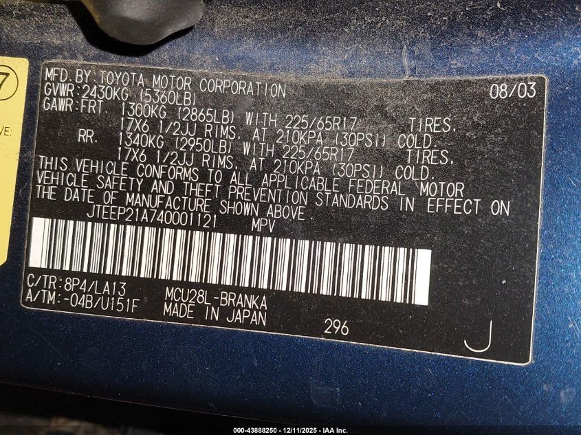 2004 Toyota Highlander Limited V6 VIN: JTEEP21A740001121 Lot: 43888250