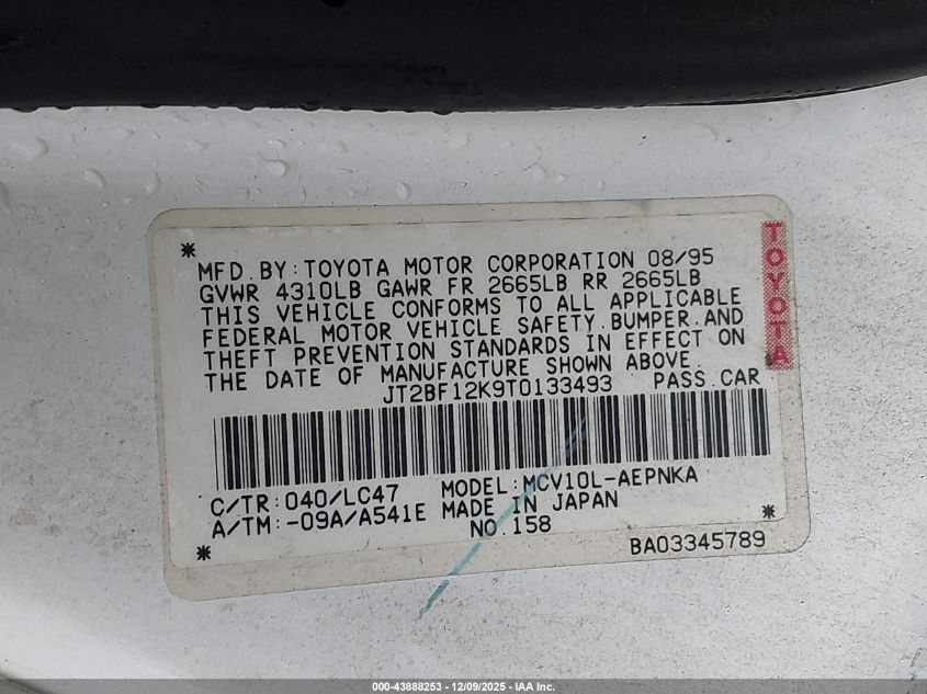 1996 Toyota Camry Le/Xle/Se VIN: JT2BF12K9T0133493 Lot: 43888253