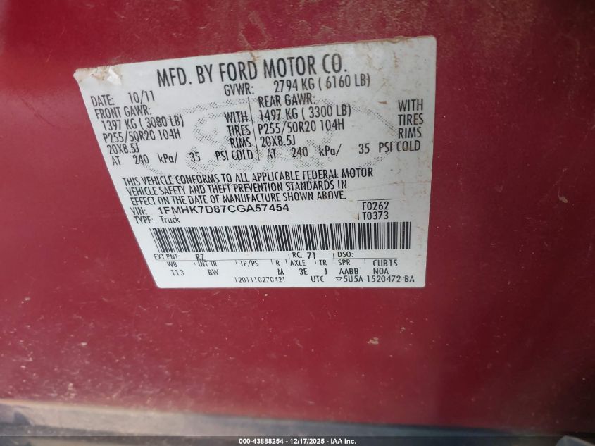 2012 Ford Explorer Xlt VIN: 1FMHK7D87CGA57454 Lot: 43888254