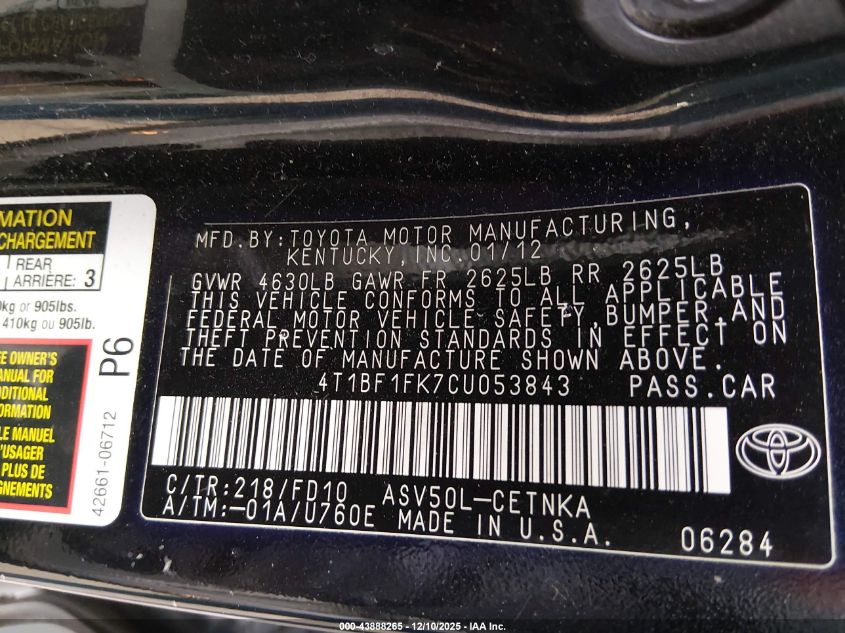 2012 Toyota Camry Le VIN: 4T1BF1FK7CU053843 Lot: 43888265