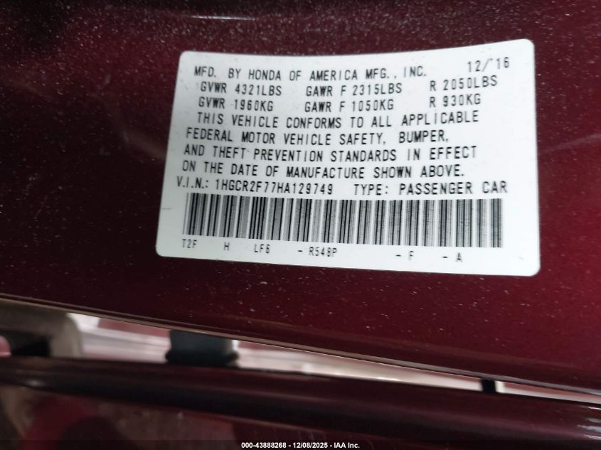 2017 Honda Accord Ex VIN: 1HGCR2F77HA129749 Lot: 43888268