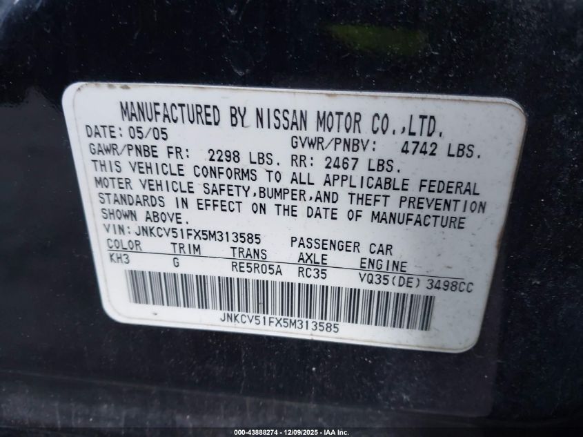 2005 Infiniti G35X VIN: JNKCV51FX5M313585 Lot: 43888274