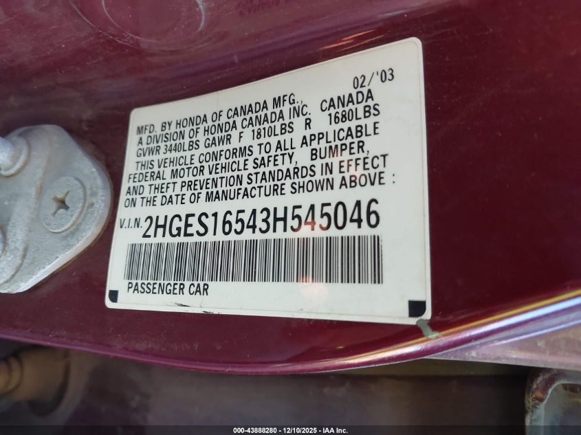 2003 Honda Civic Lx VIN: 2HGES16543H545046 Lot: 43888280