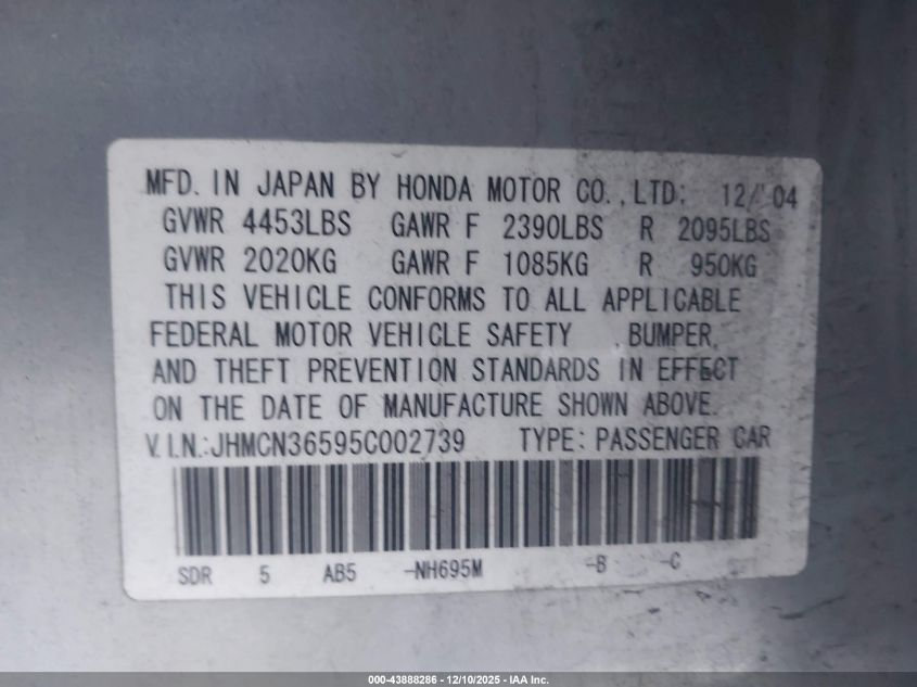 2005 Honda Accord Hybrid Ima VIN: JHMCN36595C002739 Lot: 43888286