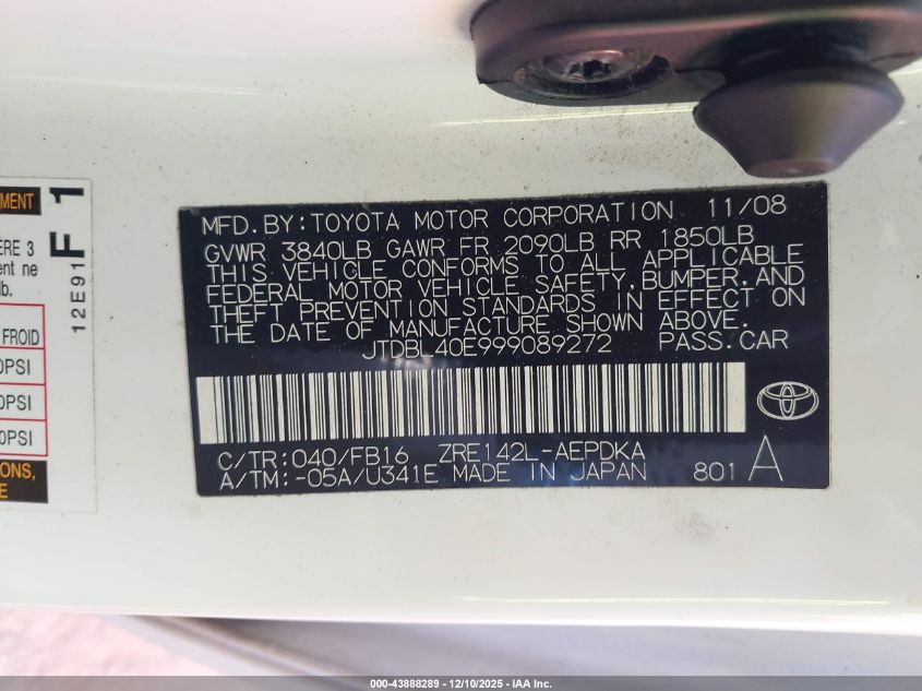 2009 Toyota Corolla VIN: JTDBL40E999089272 Lot: 43888289