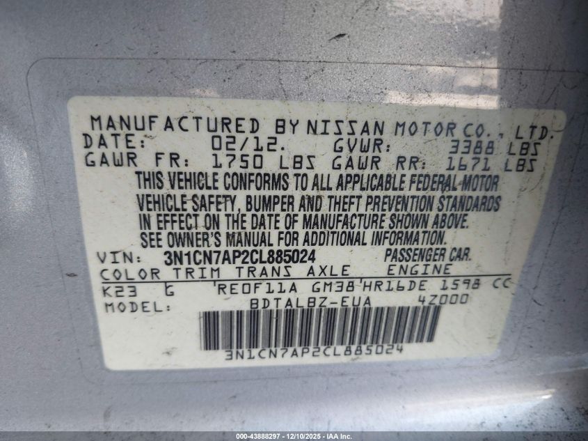 2012 Nissan Versa 1.6 Sv VIN: 3N1CN7AP2CL885024 Lot: 43888297