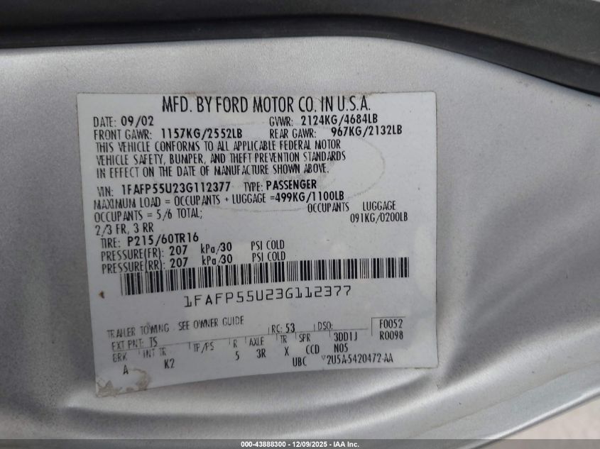 2003 Ford Taurus Ses VIN: 1FAFP55U23G112377 Lot: 43888300