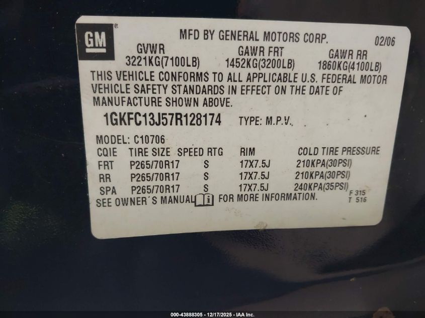 2007 GMC Yukon Slt VIN: 1GKFC13J57R128174 Lot: 43888305