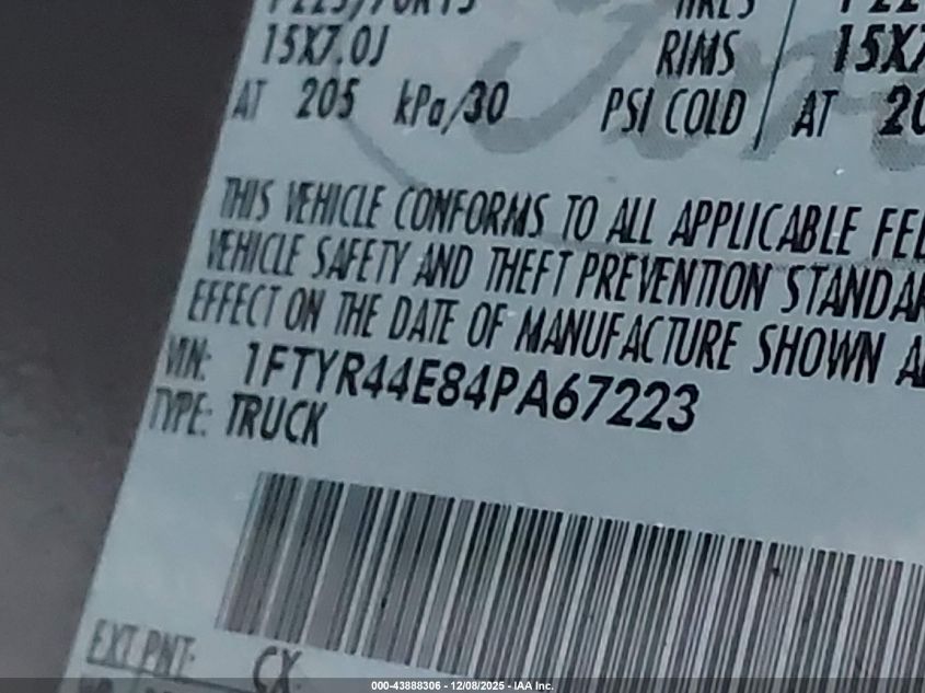 2004 Ford Ranger Xlt VIN: 1FTYR44E84PA67223 Lot: 43888306