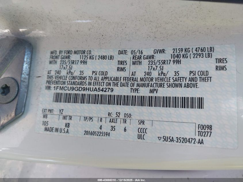 2017 Ford Escape Se VIN: 1FMCU9GD9HUA54279 Lot: 43888310