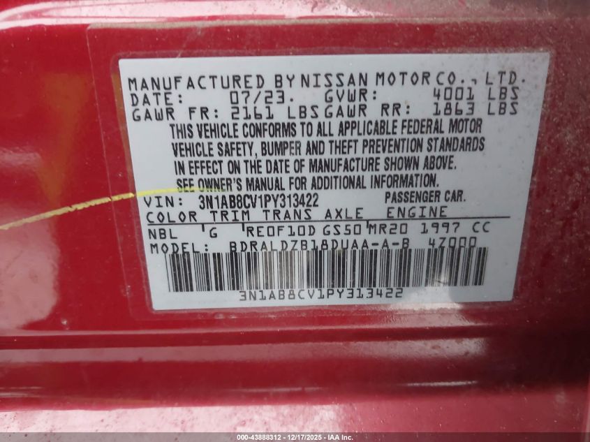 2023 Nissan Sentra Sv Xtronic Cvt VIN: 3N1AB8CV1PY313422 Lot: 43888312