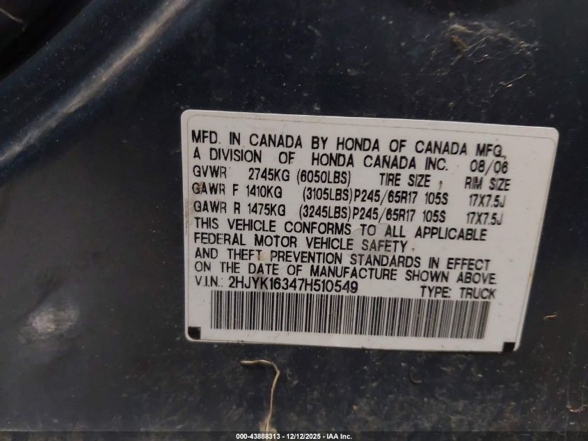 2007 Honda Ridgeline Rtx VIN: 2HJYK16347H510549 Lot: 43888313