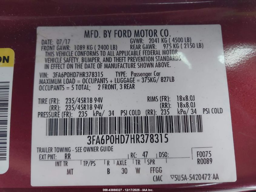 2017 Ford Fusion Se VIN: 3FA6P0HD7HR378315 Lot: 43888327