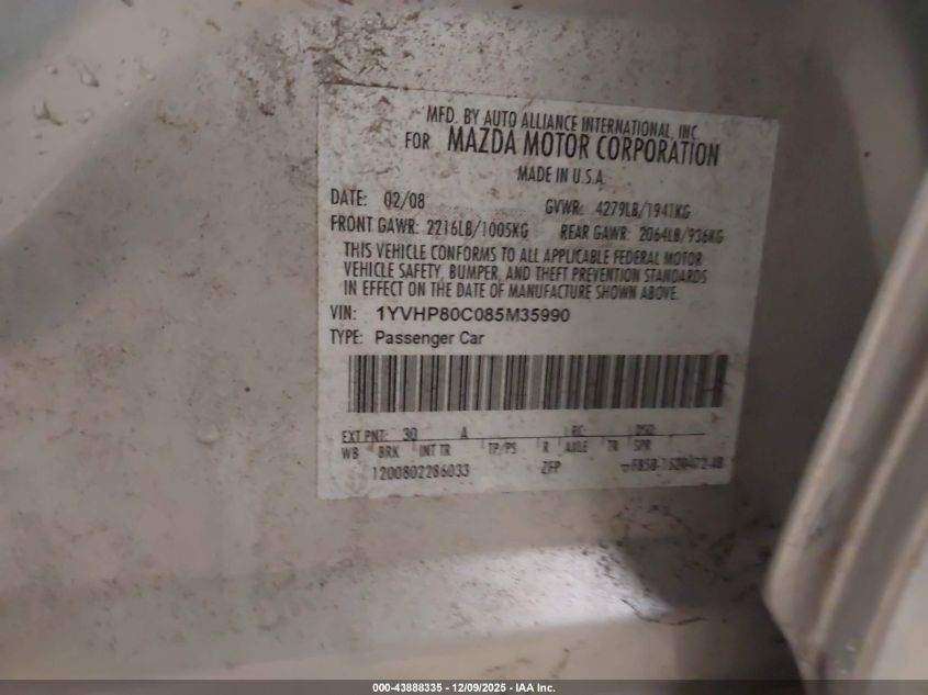 2008 Mazda Mazda6 I Sport Ve VIN: 1YVHP80C085M35990 Lot: 43888335