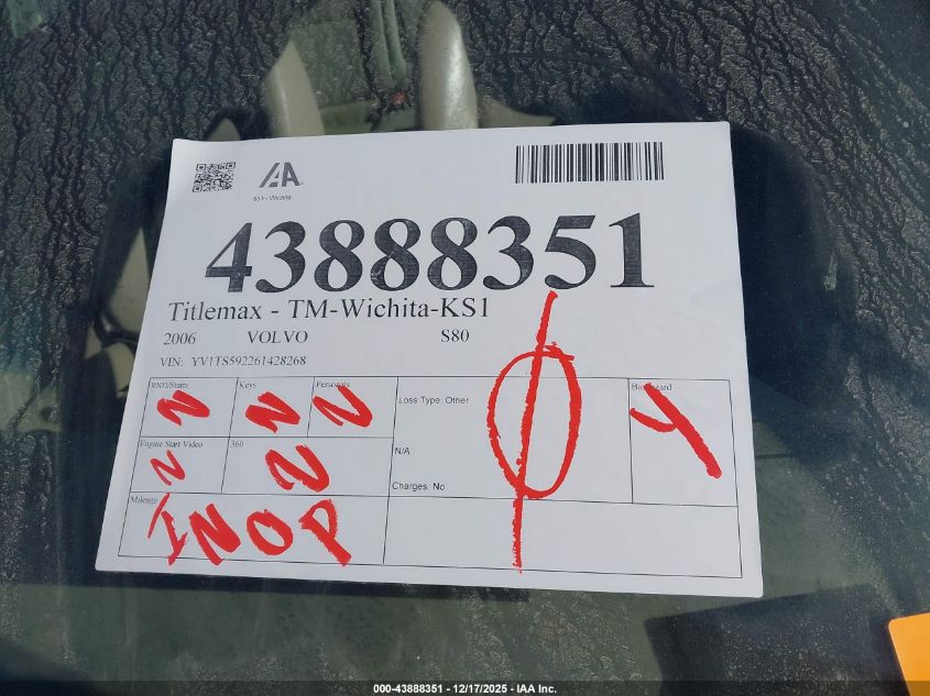 2006 Volvo S80 2.5T VIN: YV1TS592261428268 Lot: 43888351