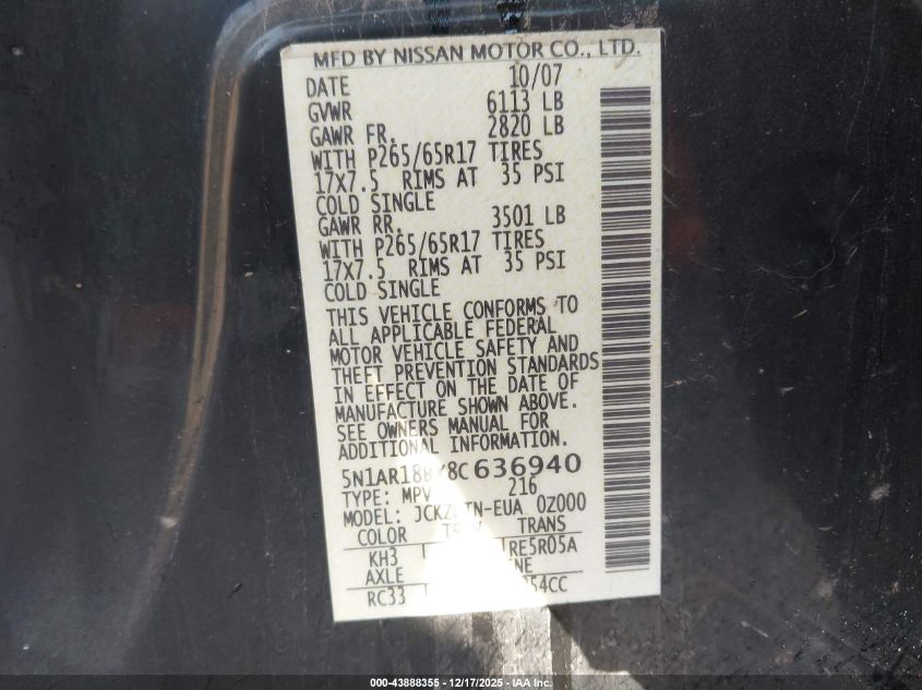 2008 Nissan Pathfinder Se VIN: 5N1AR18BX8C636940 Lot: 43888355