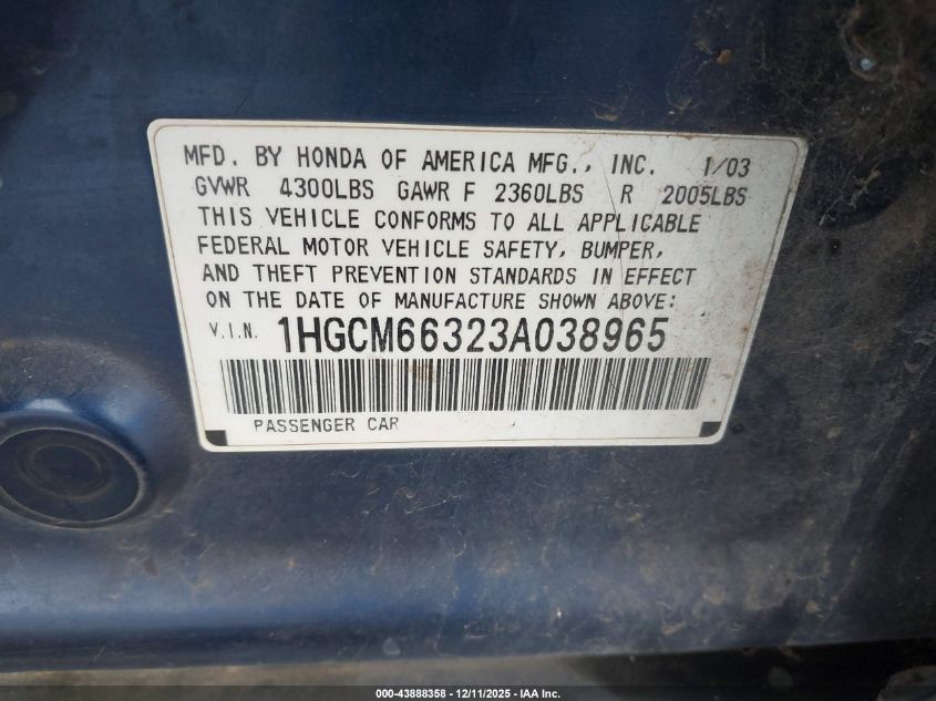 2003 Honda Accord 3.0 Lx VIN: 1HGCM66323A038965 Lot: 43888358
