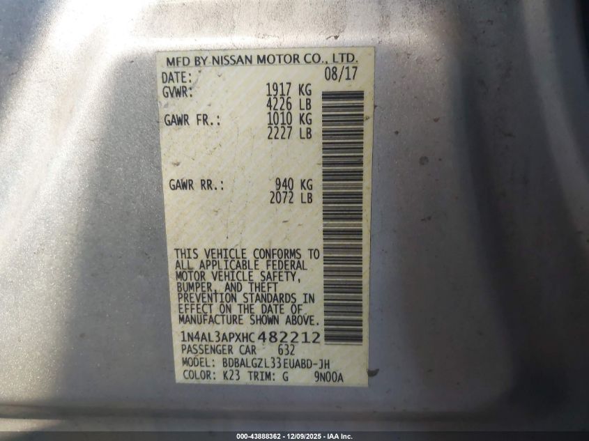 2017 Nissan Altima 2.5 S VIN: 1N4AL3APXHC482212 Lot: 43888362