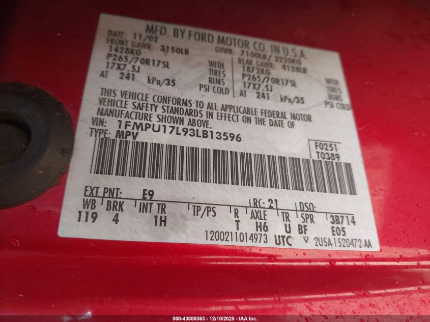 2003 Ford Expedition Eddie Bauer VIN: 1FMPU17L93LB13596 Lot: 43888363