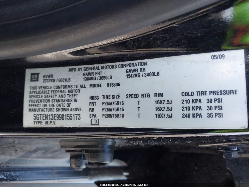 2009 Hummer H3 Suv VIN: 5GTEN13E998155173 Lot: 43888365