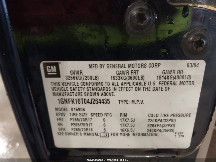 2004 Chevrolet Suburban 1500 Lt VIN: 1GNFK16T04J264435 Lot: 43888368