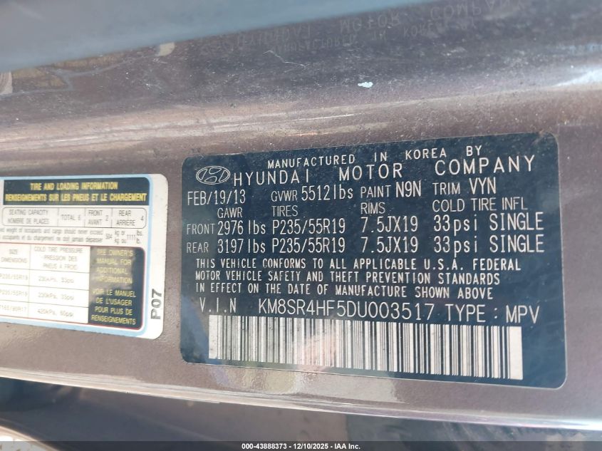 2013 Hyundai Santa Fe Limited VIN: KM8SR4HF5DU003517 Lot: 43888373