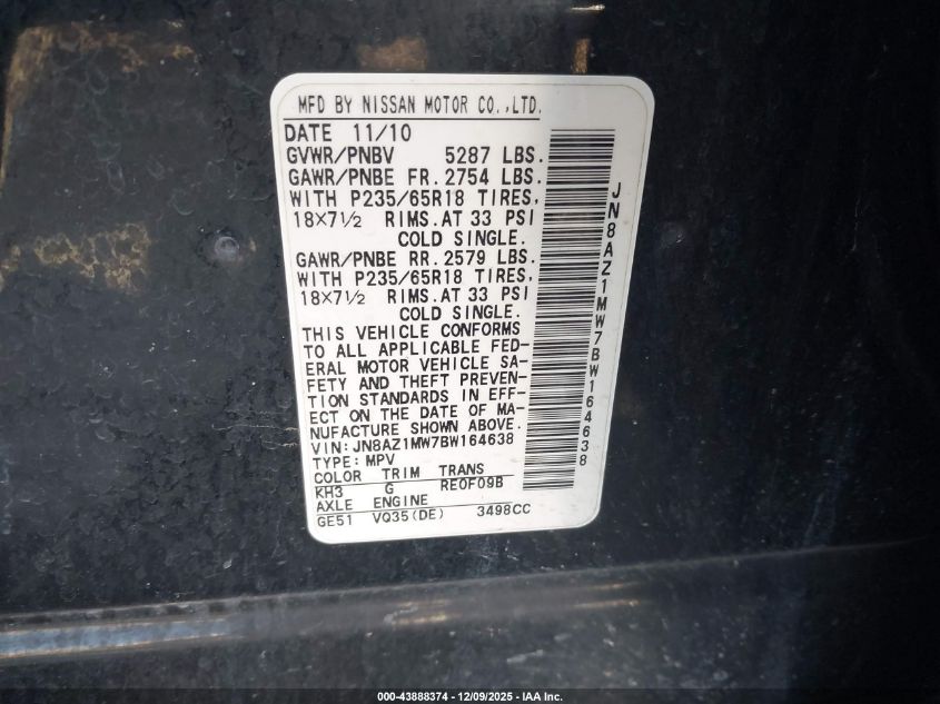 2011 Nissan Murano Sv VIN: JN8AZ1MW7BW164638 Lot: 43888374