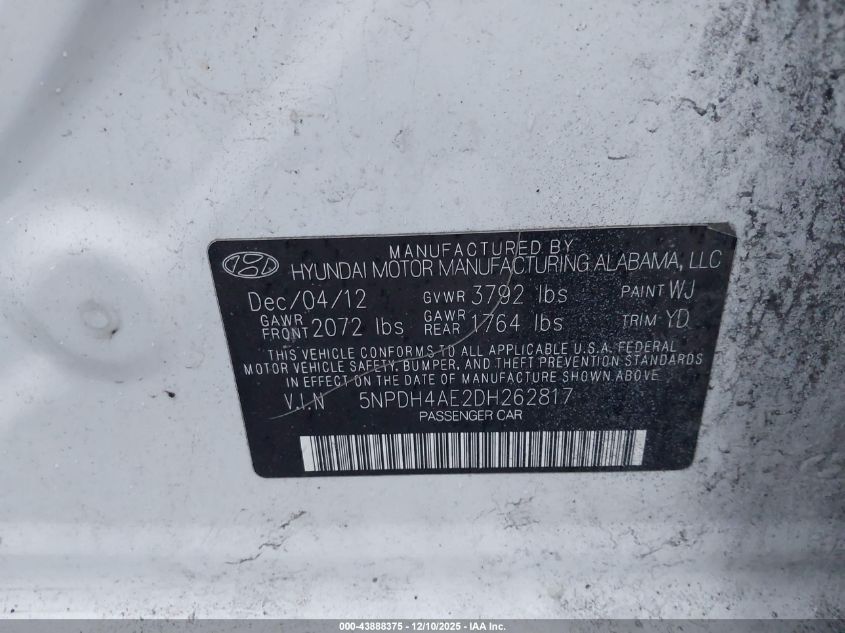 2013 Hyundai Elantra Gls VIN: 5NPDH4AE2DH262817 Lot: 43888375