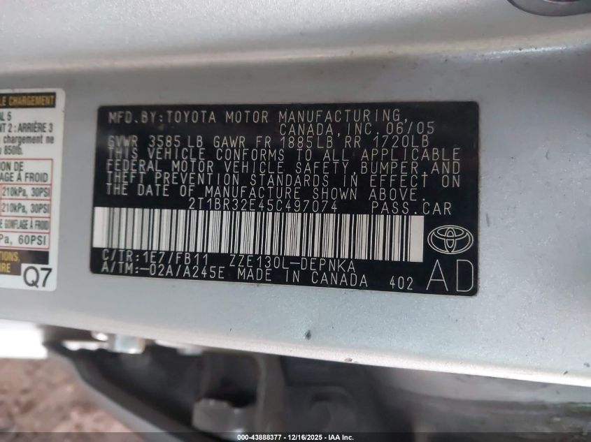 2005 Toyota Corolla Le VIN: 2T1BR32E45C497074 Lot: 43888377