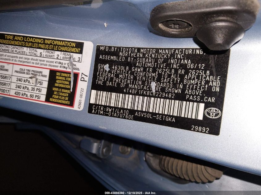 2012 Toyota Camry Xle VIN: 4T4BF1FK8CR229482 Lot: 43888380