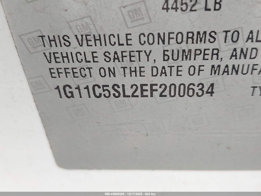 2014 Chevrolet Malibu 1Lt VIN: 1G11C5SL2EF200634 Lot: 43888385