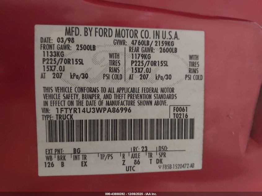 1998 Ford Ranger Splash/Xl/Xlt VIN: 1FTYR14U3WPA86996 Lot: 43888392