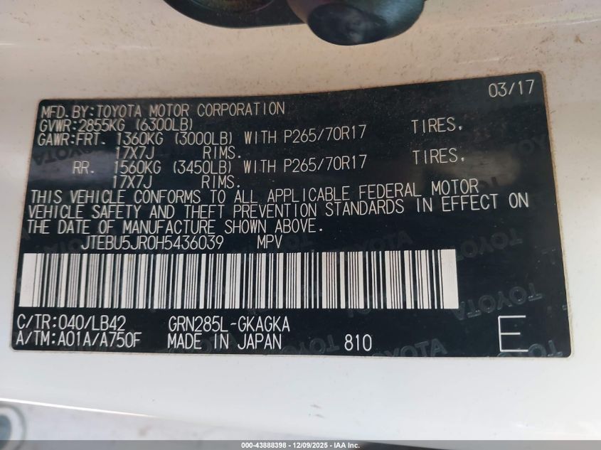 2017 Toyota 4Runner Sr5 Premium VIN: JTEBU5JR0H5436039 Lot: 43888398