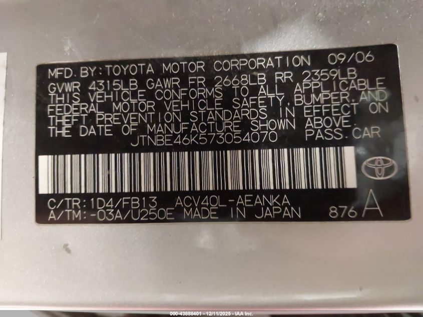 2007 Toyota Camry Le VIN: JTNBE46K573054070 Lot: 43888401