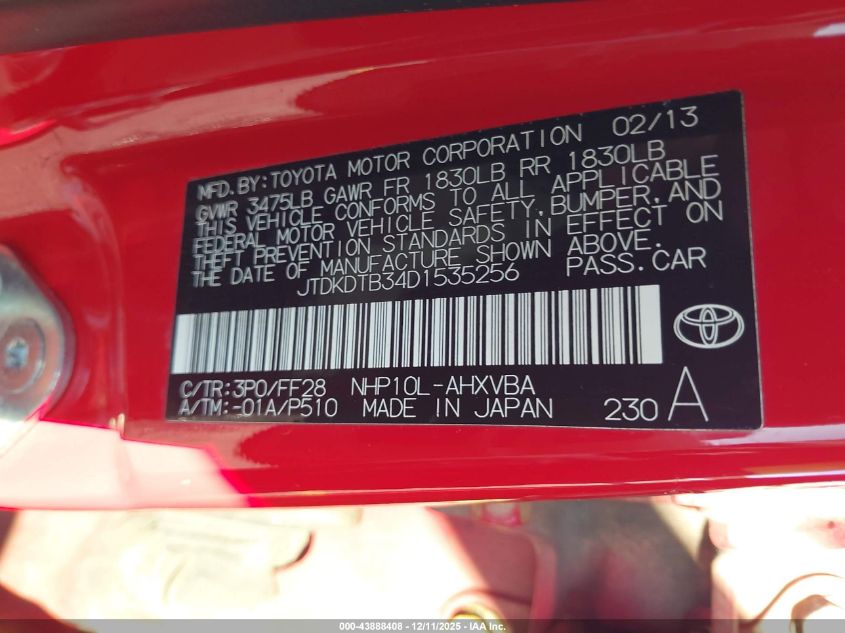 2013 Toyota Prius C Two VIN: JTDKDTB34D1535256 Lot: 43888408