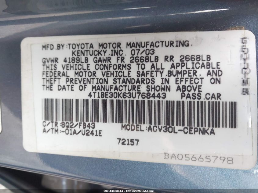 2003 Toyota Camry Le VIN: 4T1BE30K63U768443 Lot: 43888414