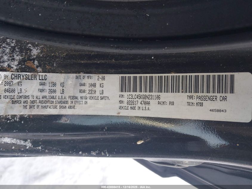 2008 Chrysler Sebring Lx VIN: 1C3LC45K68N231106 Lot: 43888415