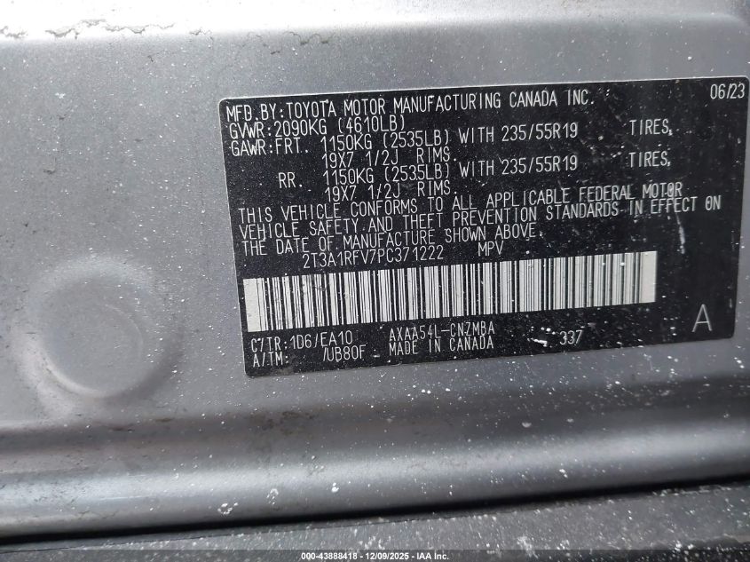 2023 Toyota Rav4 Xle Premium VIN: 2T3A1RFV7PC371222 Lot: 43888418