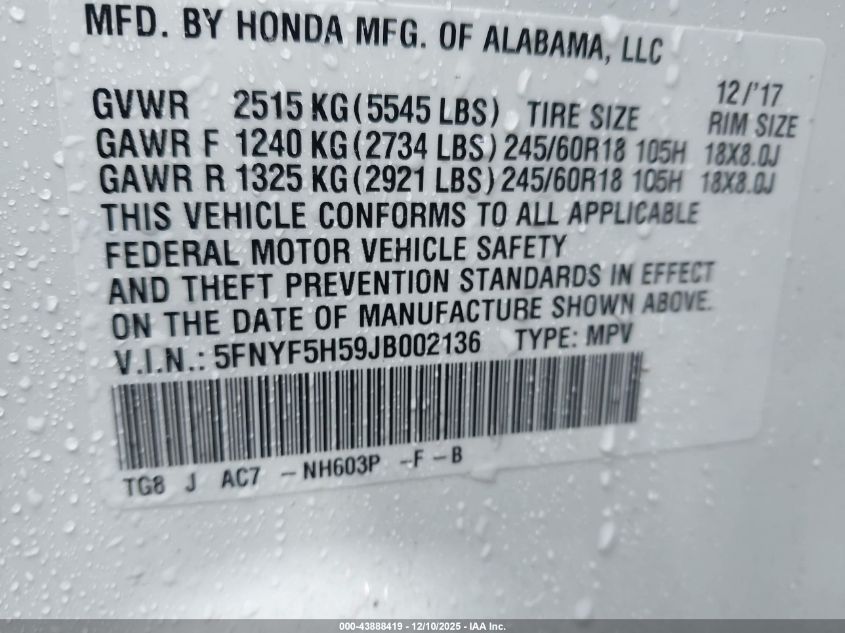 2018 Honda Pilot Ex-L VIN: 5FNYF5H59JB002136 Lot: 43888419