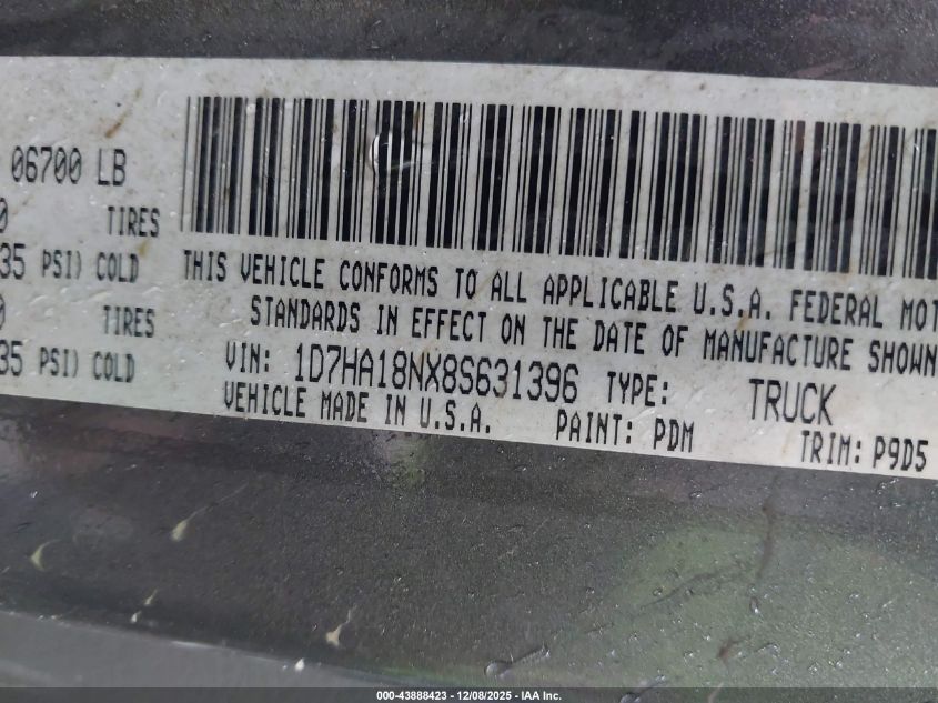 2008 Dodge Ram 1500 Slt VIN: 1D7HA18NX8S631396 Lot: 43888423