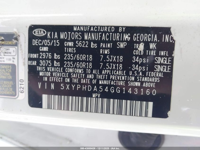 2016 Kia Sorento 3.3L Ex VIN: 5XYPHDA54GG143160 Lot: 43888426