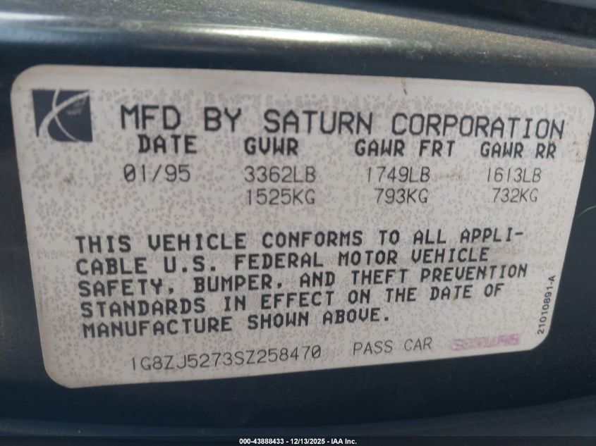 1995 Saturn Sl2 VIN: 1G8ZJ5273SZ258470 Lot: 43888433