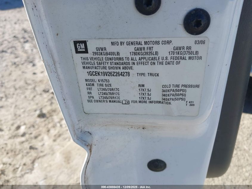 2006 Chevrolet Silverado 1500 Work Truck VIN: 1GCEK19V26Z264278 Lot: 43888435
