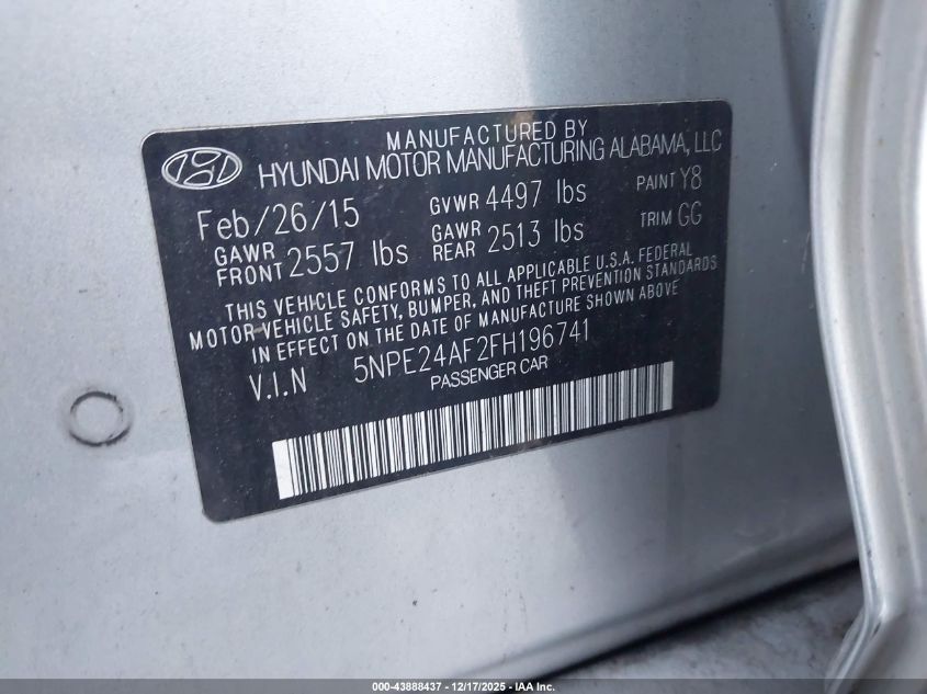 2015 Hyundai Sonata Se VIN: 5NPE24AF2FH196741 Lot: 43888437