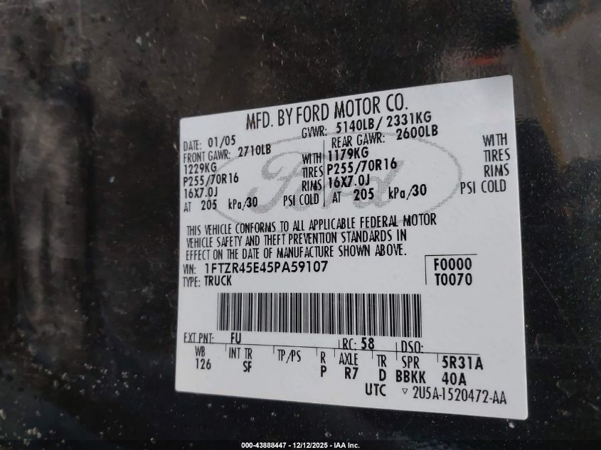 2005 Ford Ranger Edge/Fx4 Level Ii/Fx4 Off-Road/Xlt VIN: 1FTZR45E45PA59107 Lot: 43888447